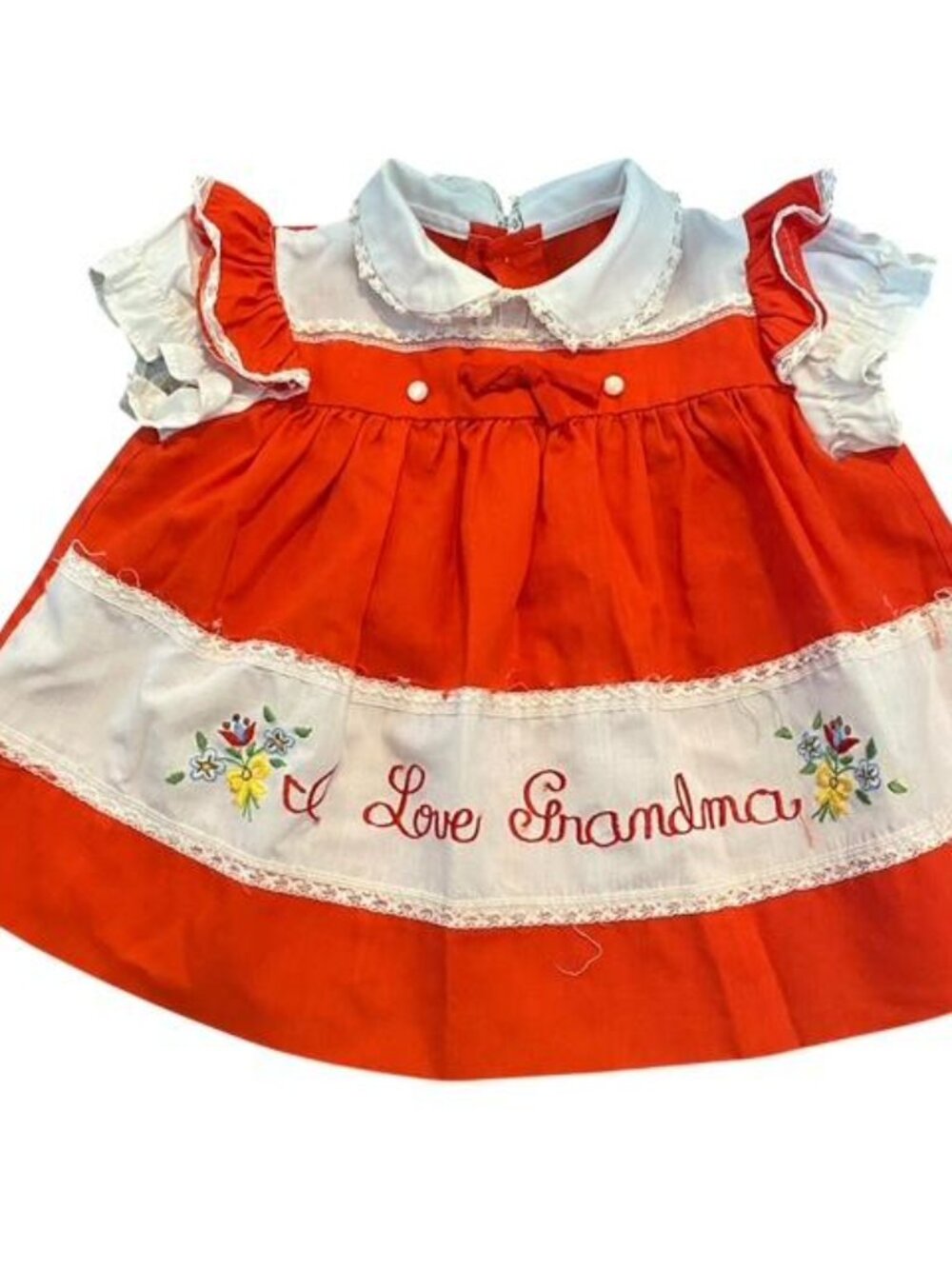 Vintage "I Love Grandma" Red White Flowers Lace Dress Pit to Pit 11"-2T